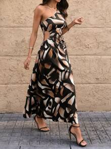 Chiquease Women All-Over Print Ruched Waist Long Elegant Dress, One Shoulder - Multicolor - View 5