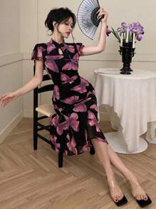 DAZY Chinese Style Floral Print Stand Collar Mid-Long Dress For Women, Festival/Valentine's Day Prom Dress Elegant Women Dresses - Pink - View 6