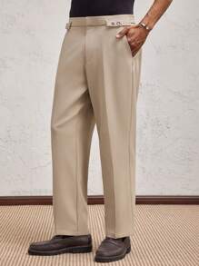 AKNOTIC Party Men's Khaki Metal Button Woven Casual Mid-Waist Elastic Tapered Suit Pants, Suitable For Daily Wear, Spring/Summer, Wedding, Graduation Gift - Khaki - View 5