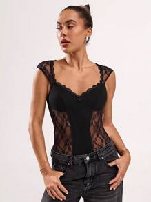 SHEIN BAE Elegant Sexy Solid Color Lace Patchwork Bodysuit - Black - View 6