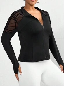 SHEIN Sport Studio Plus Size Branch & Mesh Contrast Thermische Gevoerde Lange Mouw Jas, Sportieve Stijl Voor Herfst/Winter