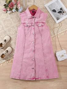 Girls' Washed Denim Pink Sleeveless Shirt Dress - Pink - View 1