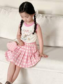 Dazy Kids Cartoon Pattern Print Tank Top And Mini Skirt 2 Pieces Set For Young Girls,Girls Summer Outfits - Pink - View 4