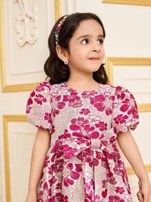 Vestido mini de cuello redondo con mangas abullonadas y estampado floral para niña joven