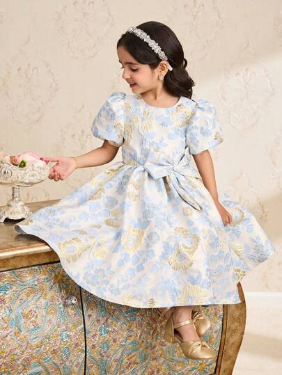 SHEIN Young Girl Floral Jacquard Bow Decor Short Puff Sleeve Dress