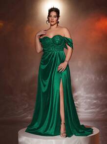 Glamrae Vestido de noche formal de estilo poppy, de gasa transparente, con encaje, parches, hombros descubiertos, elástico, abertura alta y torsión, ideal para invitados de boda o fiesta, talla grande - Verde Oscuro - Ver 6