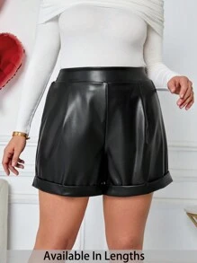 SHEIN Tall CURVE Tall Plus High Waist Roll Up Hem PU Leather Shorts - Black - View 1