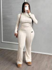 Slaydiva Casual & Basic & Sporty & Daily 2 Pieces Set: Fitted Solid Color Long Sleeve Crop Top With Flared Pants, Textured Ribbed Fabric, Plus Size Women - Apricot - View 5