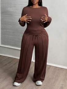 Slaydiva Bộ đồ nữ 2 món: Quần thể thao ống đứng màu nâu có dây rút + Áo thun dài tay cổ bẻ màu trơn, thích hợp cho mùa Thu/Đông. - màu nâu - Xem 6