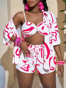 Slaydiva Leisure Holiday Beach 3pcs Pink Graffiti Print Top & Shorts & Short Sleeve Shirt Set - Hot Pink - View 7