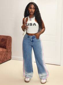 SHEIN Slayr Jeans rectos de pierna suelta con estilo casual y estadounidense para mujeres - Azul lavado medio - Ver 3