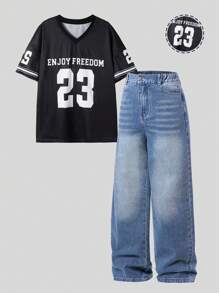 SHEIN Denimly Tween Băieți Casual Zilnic Urban Street Set 2 buc: Culoare contrastantă Umăr cădere Tricou supradimensionat și talie elastică Blugi largi, rupti, vintage