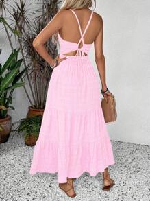 Breezaya 夏季假日纯色纹理露背连衣裙新年衣服长款度假海滩装女士 - 粉色 - 查看 2