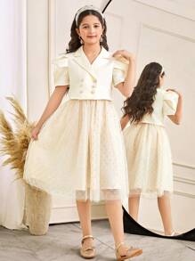 Blusa con cuello vuelto y manga corta con falda de malla, conjunto informal de vacaciones para niña preadolescente