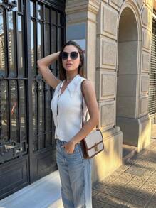 Pariaura 女士优雅 V 领修身无袖毛衣上衣 - 杏色 - 查看 4