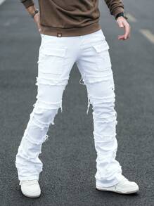 Manfinity LEGND Pantalones casuales de corte de pezuña de ajuste delgado de mezclilla para hombres, minimalistas y de moda para uso diario, salir, fiesta callejera, fiesta, estilo emo - Blanco - Ver 7