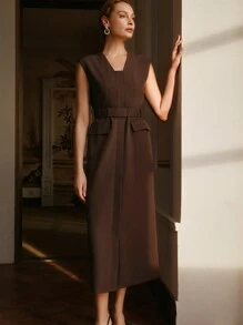 Anewsta Elaire Retro Elegant Elastic Waistband Open Placket Suit Sleeveless Dress Old Money - Brown - View 7