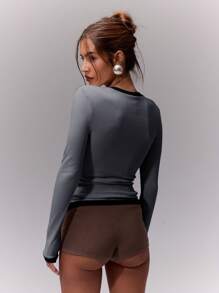 MUSERA Top a maniche lunghe aderente con bordi a contrasto