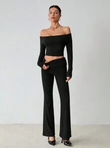 SHEIN Tall 2 pièces Ensemble mode femme avec top court à manches longues et épaules dénudées et pantalon évasé