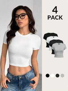 SHEIN PETITE Conjunto de 4 camisetas de mujer de manga corta, de cuello redondo, ajustadas, adecuadas para el verano, en color negro, blanco y gris con estampado floral