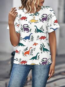 INAWLY 女式夏季休闲卡通恐龙印花圆领短袖 T 恤图案 T 恤女式上衣 - 彩色 - 查看 4