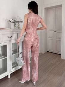 DAZY 女士短款背心和阔腿裤套装商务装 - 粉色 - 查看 2