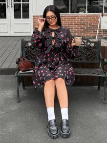 SHEIN EZwear Women's Plus Size,Bow Dress,Cherry Pattern,Black Long Sleeve Dress,Spring Summer Clothes