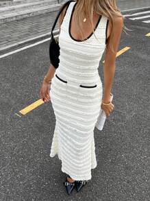 SHEIN Essnce Vestido elegante y delgado de mujer con contraste de color, cuello en V sin mangas, volantes y textura, espalda descubierta y unicolor
