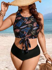 Swim Lushoire Plus Size 2 Pieces Tropical Leaf Random Print Round Neck Sleeveless Bowknot Crop Top & High Waist Solid Color Breif Tankini Set, For Summer Vacation - Black - View 4
