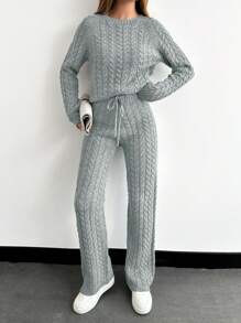 SHEIN PETITE Women Casual Minimalist Cable Knitted Sweater And Pants Set, Suitable For Autumn/Winter - Light Grey - View 3