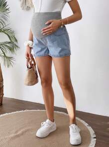 SHEIN Maternity Knitted Grey Waist Support & Blue Denim Loose Shorts, Suitable For Parties, Holidays, Dates, Valentine's Day, Afternoon Tea, Summer