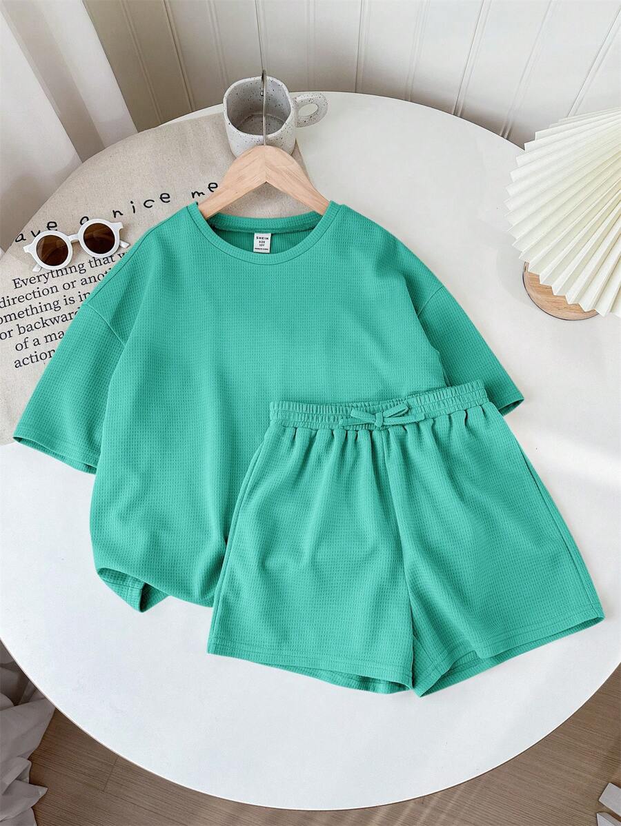 SHEIN LMoss Kids LMoss Tween 女童纯色针织圆领宽松短袖 T 恤和短裤休闲装 - 薄荷藍 - 查看 1
