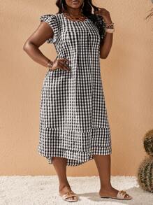 Slaydiva 2025 New Rave/Easter Outfit, Old Money Style, Country Concert Outfit, Going Out Outfit, Fairycore, Festival Outfit, Tropical Vacation Outfit, Summer Outfit, Rave, European Summer, Spring Outfit, Western Wear Plus Size, Concert, Graduation Outfit, Versatile Daily Casual Minimalist Sexy/Minimalist Plus Size, Casual Ruffle Sleeve Round Neck Midi Dress Summer Plaid Plus Size, Plus Size Western Wear Dress - Black and White - View 5