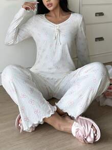 SweetSlumber Cute Allover Bow Print Women Pajama Set , Fall Winter Clothes Cozy And Elegant Details - White - View 1