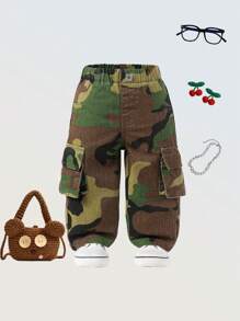 女婴全松紧腰 Y2K 街头酷炫女婴迷彩牛仔工装裤，粉色 - 軍綠色 - 查看 2