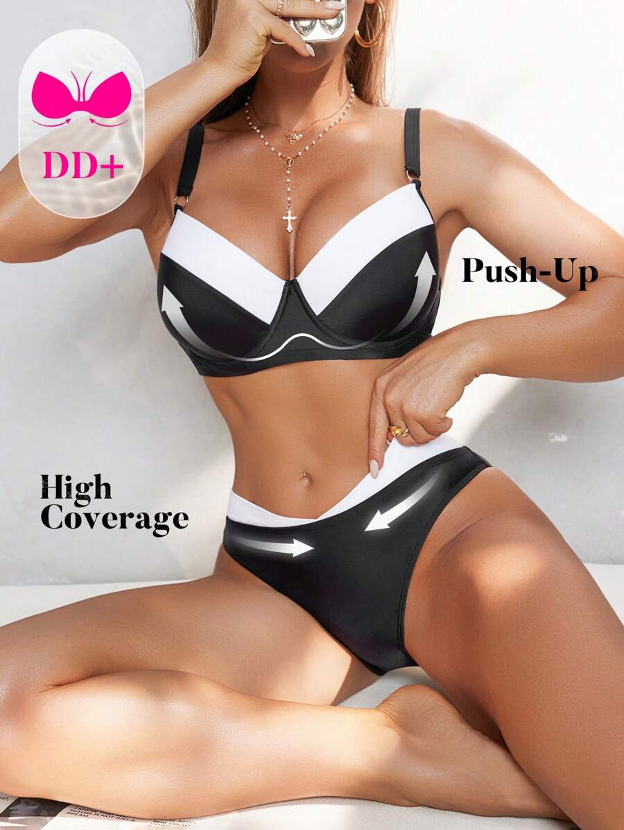 Swim DD+ 夏季女式复古拼色钢圈镂空后背两件套比基尼，度假休闲