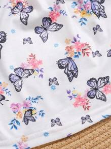 2pcs/Set Baby Girls Casual Loose Soft Solid Color & Butterfly Floral Print Purple Short Sleeve Dress 2 Pieces Set, High Cost-Effective, Suitable For Spring Summer Vacation And Outings