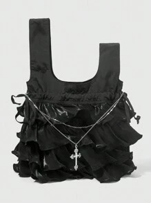 ROMWE Goth Fashionable Layered Ruffled Cross Chain Decor Handbag - Black - View 2