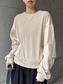 FRIFUL 女式卡其色宽松圆领拼布纹理 T 恤，春季