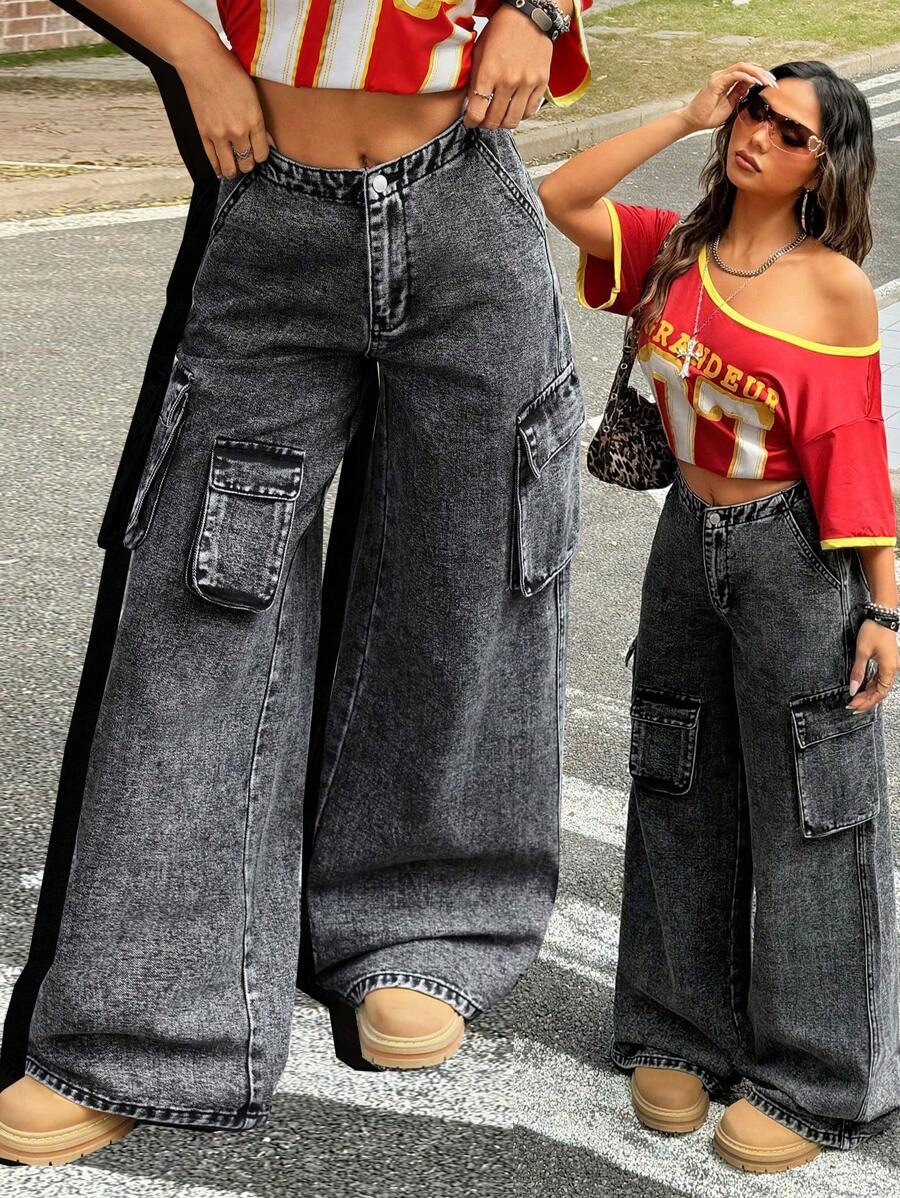 SHEIN ICON Women's Casual Loose Fit Straight Leg Jeans, Black