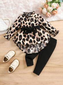 SHEIN Baby Girls Autumn Cute Heart Print Ruffle Trim Belted Long Sleeve Blouse And Solid Color Elastic Waist Long Pants 2 Pieces Set - Multicolor - View 2