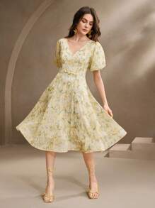 Anewsta Vestido de verano con cintura ceñida y estampado floral menudo verde para mujer en primavera - Verde - Ver 5