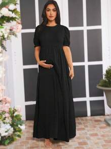 Loomaby Vestido de maternidad de manga corta, unicolor, casual y elegante para el uso diario - Negro - Ver 5