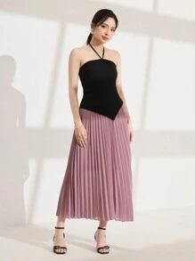 Modelyn Women's Korean Style Fashion Knit Fabric Black Tube Top Neck-Tied Patchwork Color Contrast Ruffle Hem Dress