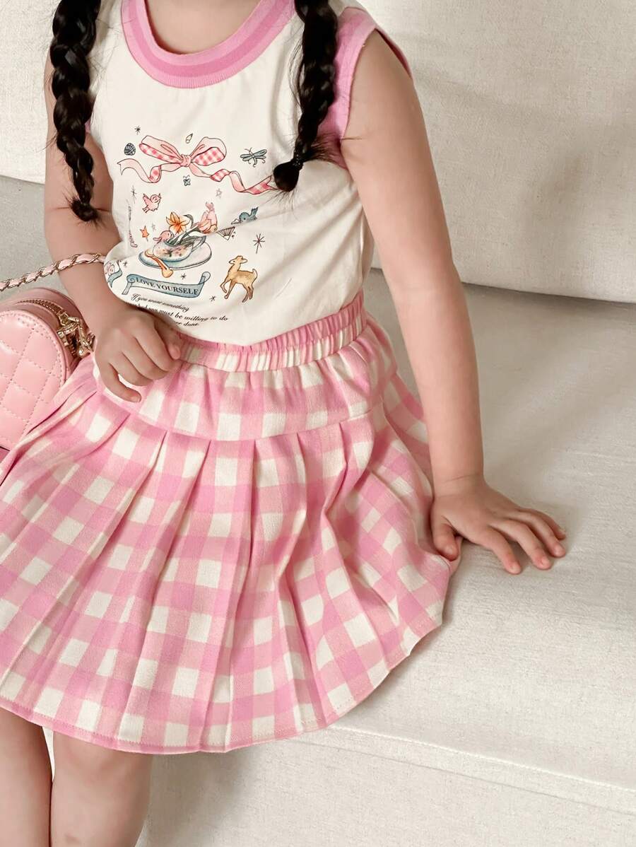 Dazy Kids Cartoon Pattern Print Tank Top And Mini Skirt 2 Pieces Set For Young Girls,Girls Summer Outfits - Pink - View 1