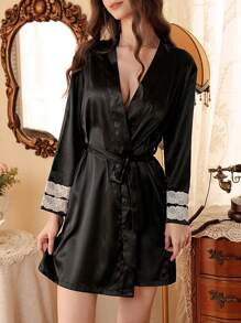 Elegant Contrast Color Lace Trim Satin Robe For Women - Black - View 3