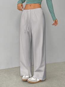 SHEIN PETITE Quần dài dệt kim mềm mại màu trắng, quần rộng - Màu Xám nhạt - Xem 7