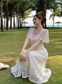 DAZY 蕾丝荷叶袖中长连衣裙，女士度假装扮 - 白色 - 查看 9