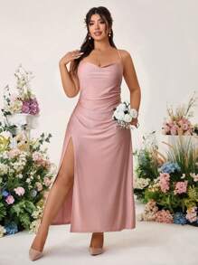 Cravure 大码女式优雅细肩带开衩鱼尾连衣裙，正式晚会礼服 - 淺粉色 - 查看 3