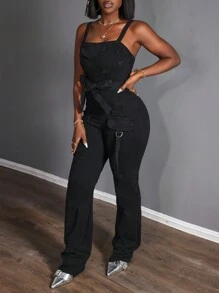 Slaydiva Fashionable Distressed Slim-Fit Denim Jumpsuit - Black - View 6